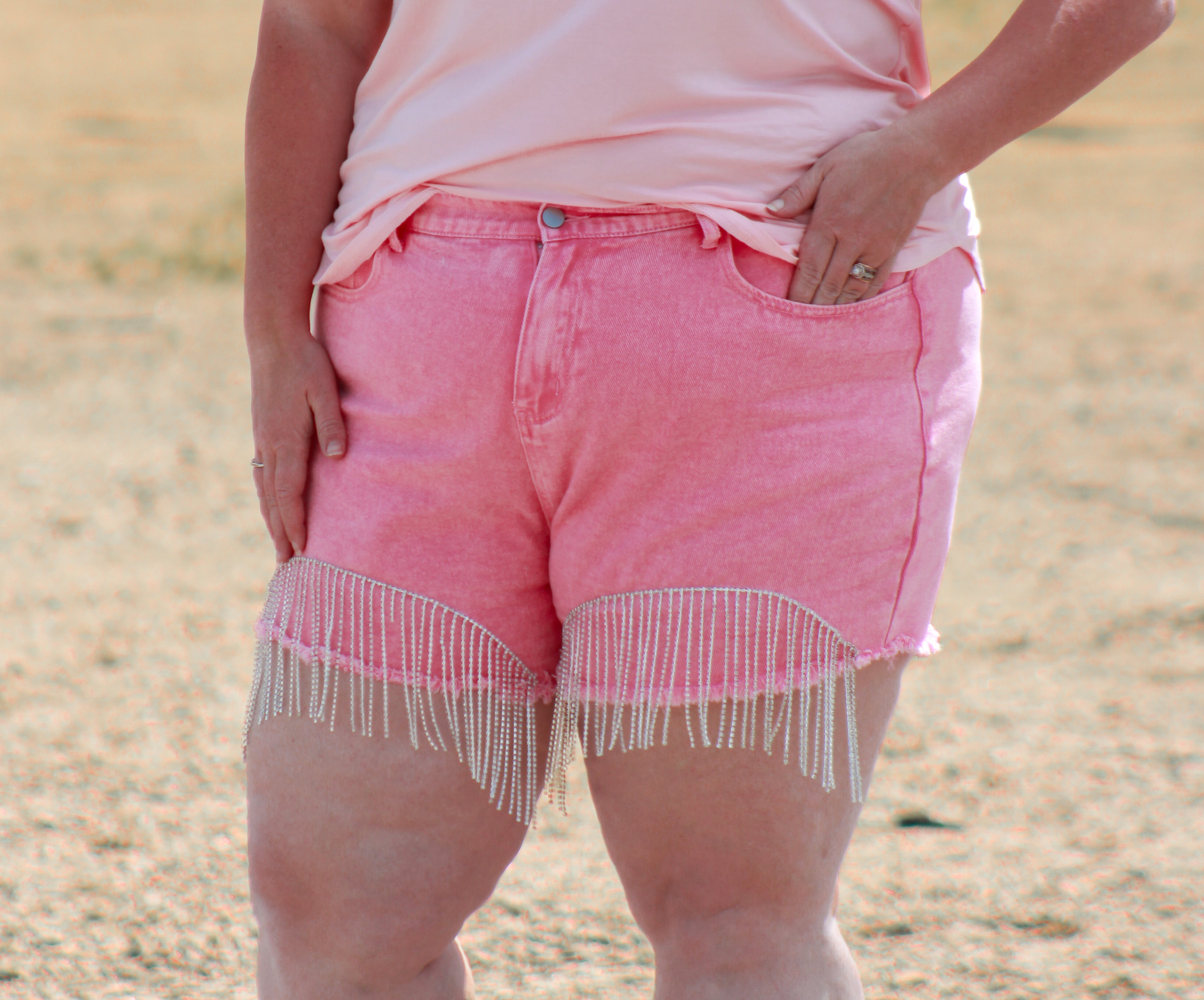 Pink Cowgirl You Shine Blue Denim Rhinestone Shorts Medium